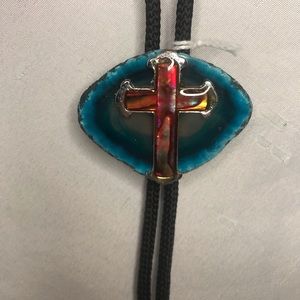 Abalone Cross on Blue Agate Bolo Style Tie